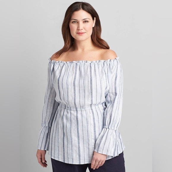 Lane Bryant New Plus Size 18 Linen Cotton Blend Striped Off The Shoulder Top - Picture 1 of 16